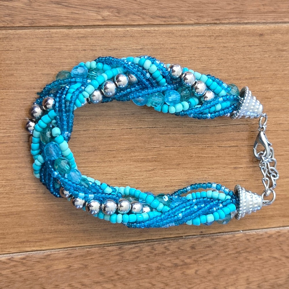 Blue Multi Strand Braided Seed Bead Bracelet Silver Tone Accents Lobster Clasp
